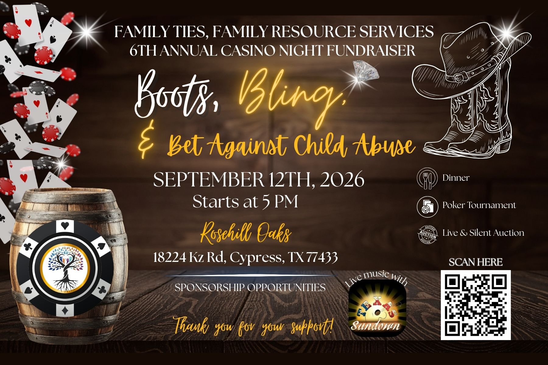 Family Ties Boots, Bling and Bet Against Child Abuse Casino Night flyer for September 12, 2026