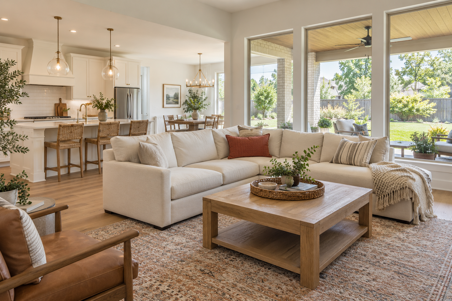 Illustrative bright living room and kitchen showing ideas for a comfortable home layout