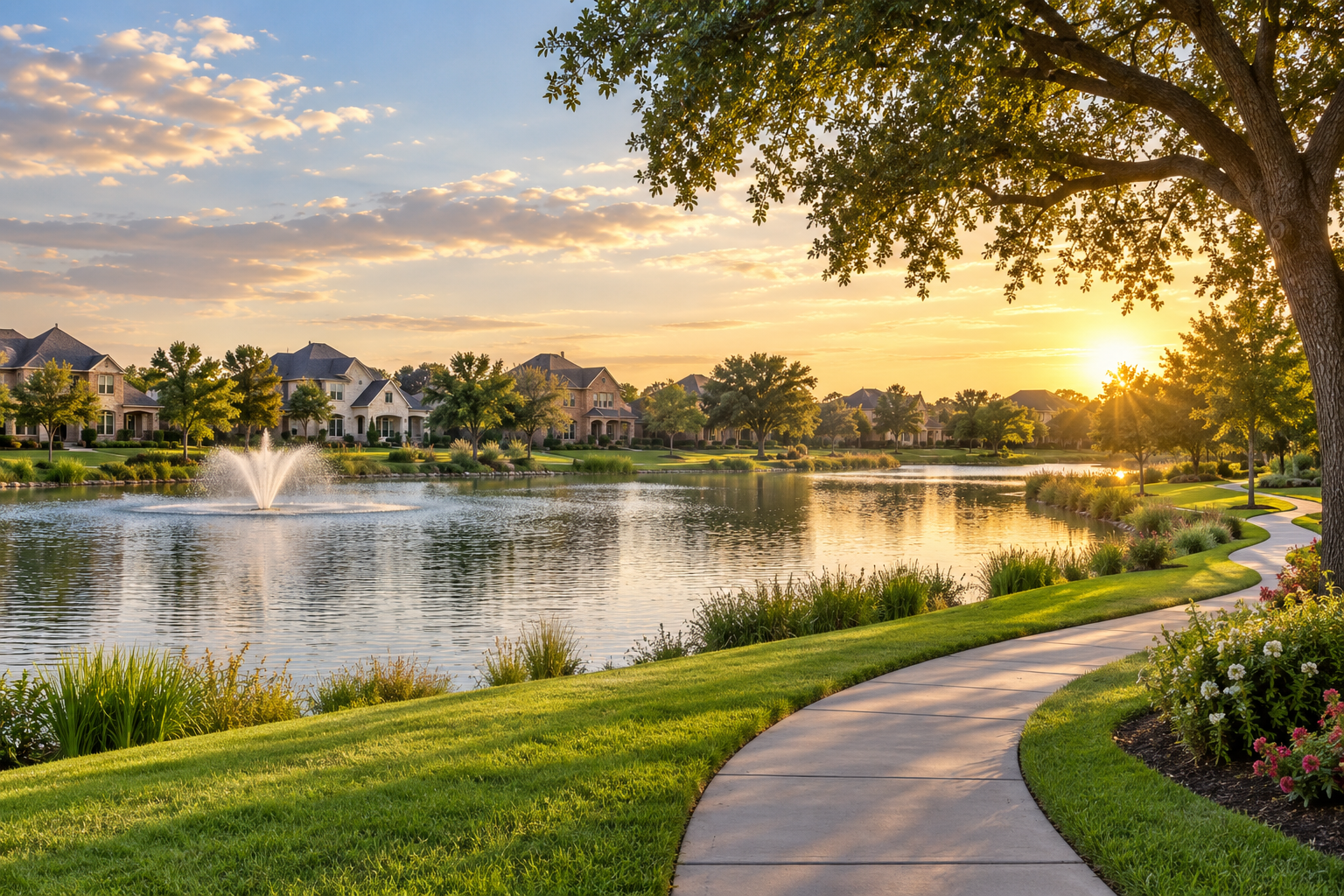 Illustration of a landscaped lake and homes inspired by northwest Houston living