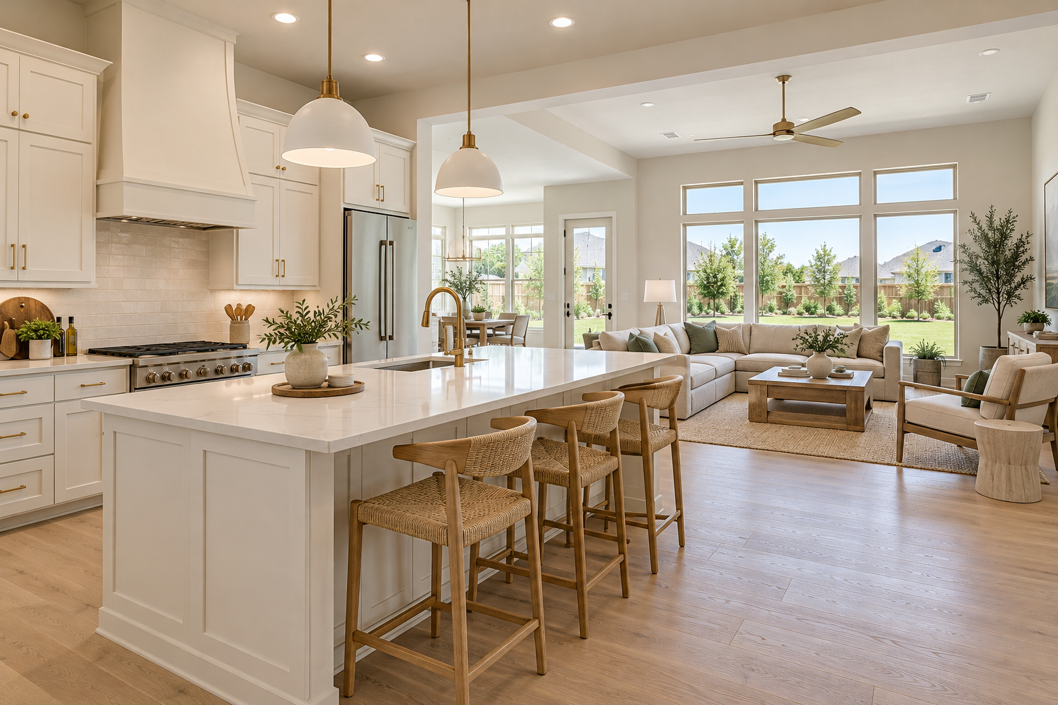 Bright open-concept kitchen and living room in a new construction home