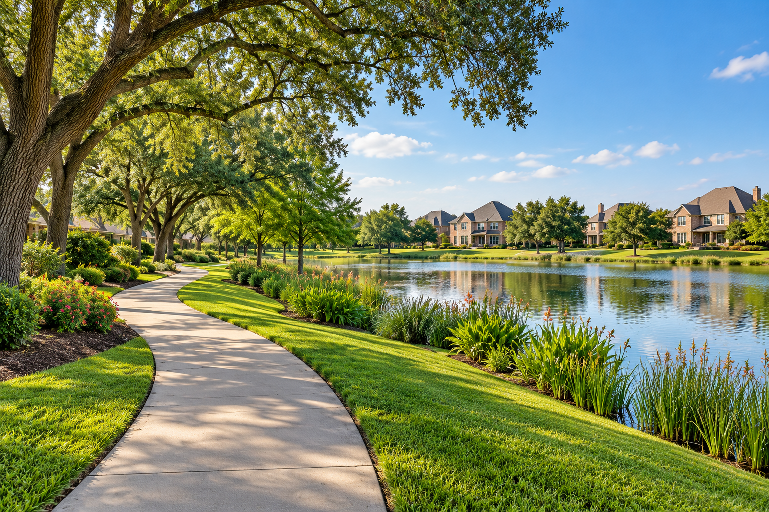 Landscaped neighborhood walking trail beside a lake