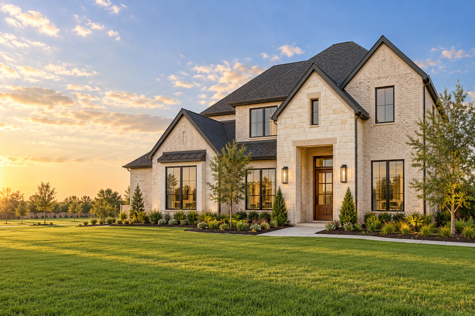 New construction home with a landscaped front yard in Cypress, Texas