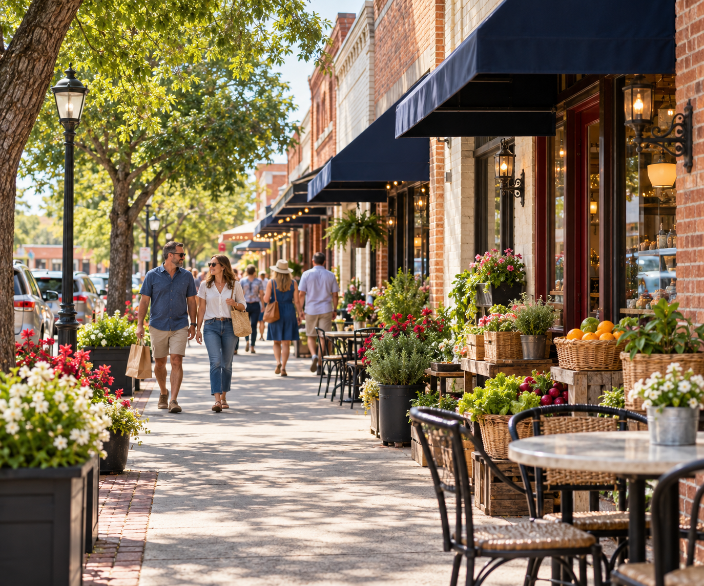 Illustration of a relaxed shopping and dining outing inspired by downtown Tomball