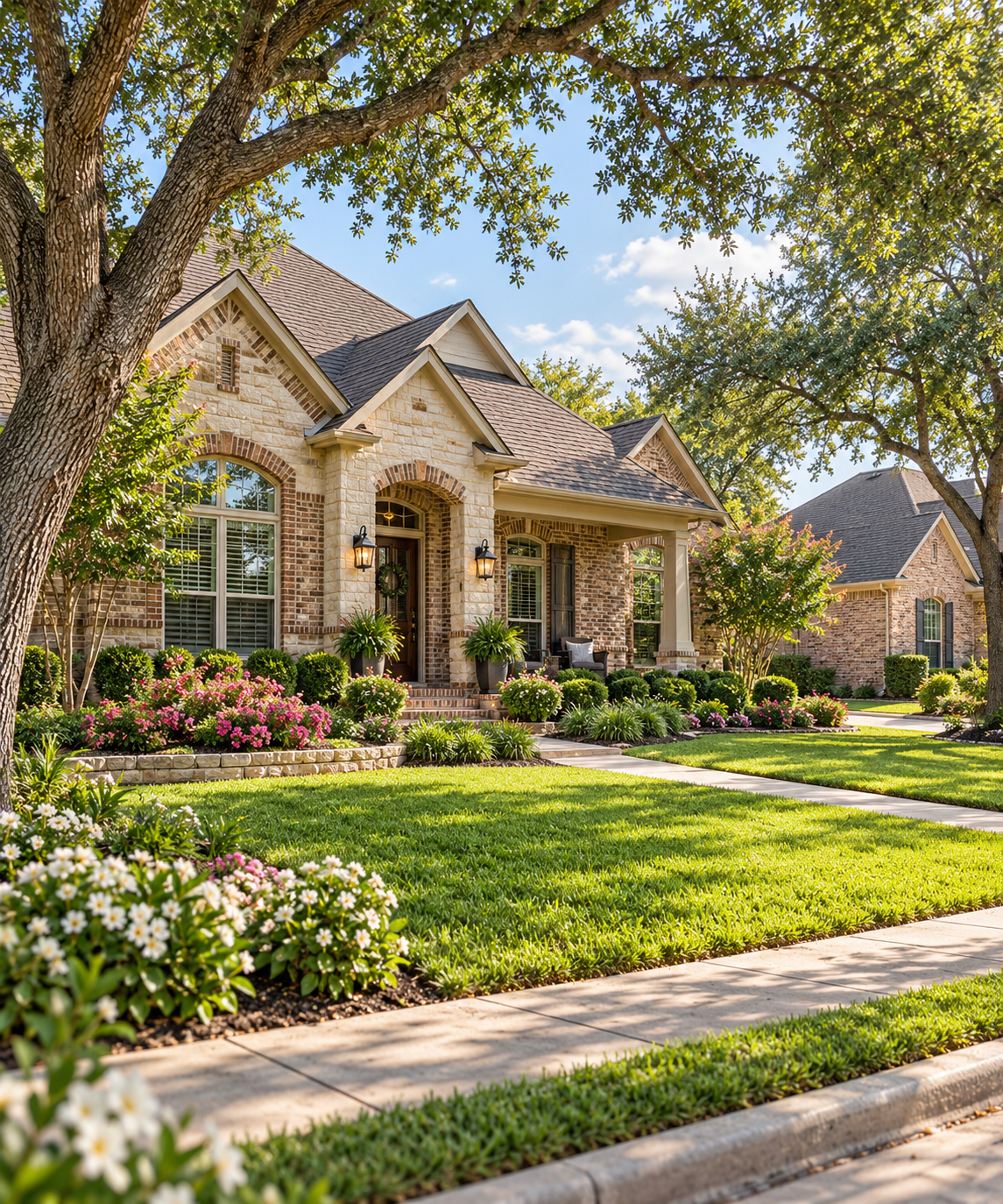 Illustrative residential street inspired by homes in the Tomball area